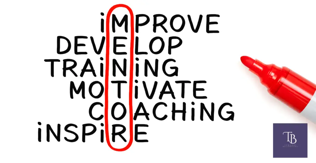 Word cloud. Black letters on a white background. the words improve, develop, training, motivate, coaching, inspire are written in a list. they are aligned so the word mentor can be seen. It has been highlighted with a rec oval line.